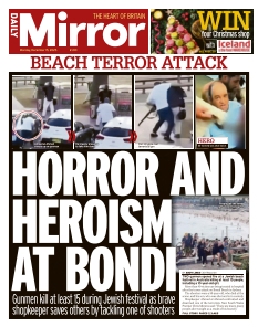 Cover of Daily Mirror from 15 December 2025